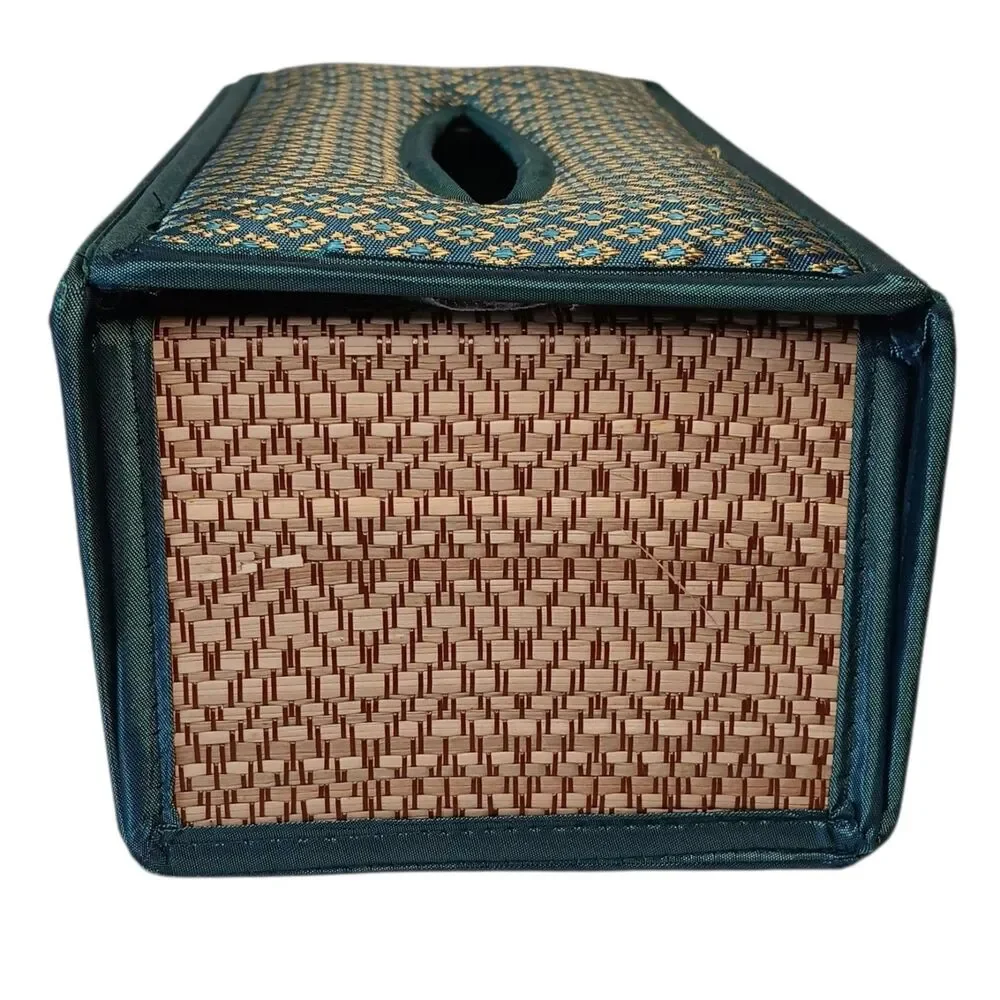 Handmade Woven Reed Tissue Box Holder Blue Green Brown Gold Rectangle Bohemian